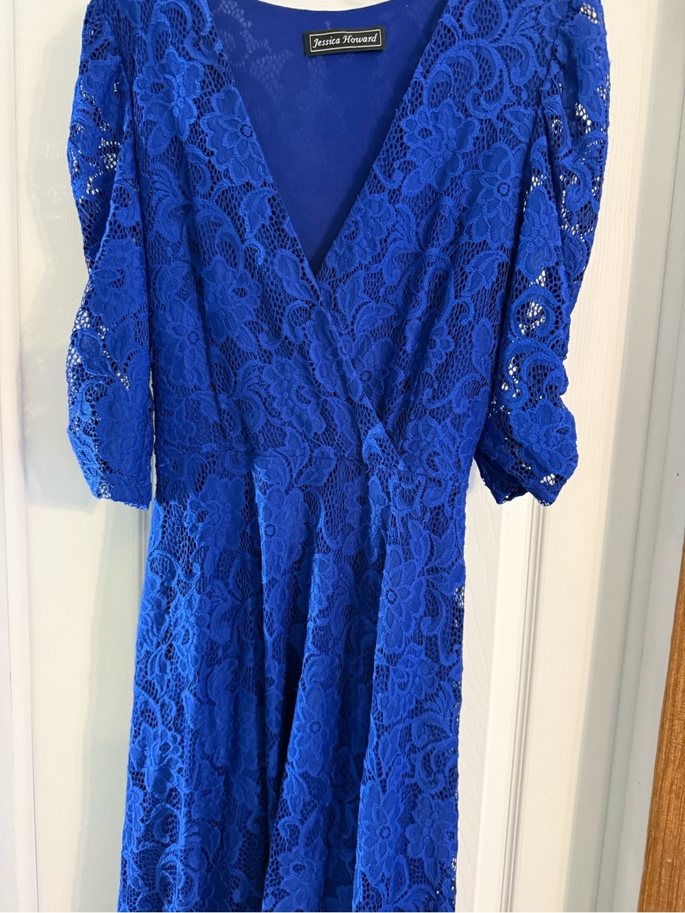 Jessica Howard Cobalt Blue Floral Lace Wrap Midi Dress